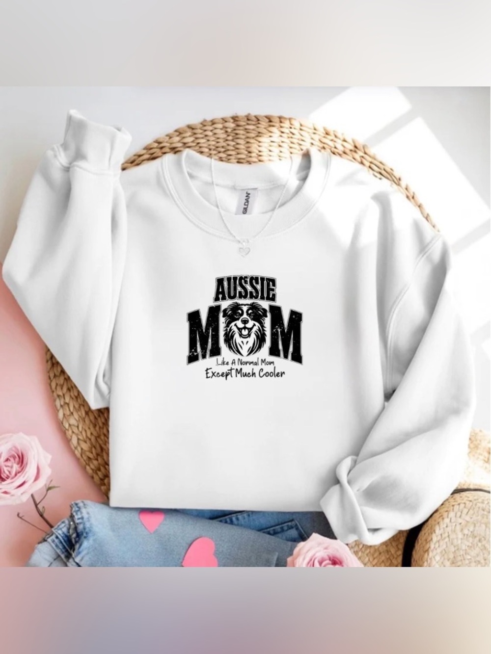 Aussie Mom White Crewneck Sweatshirt Australian Shepherd Dog Mom Shirt